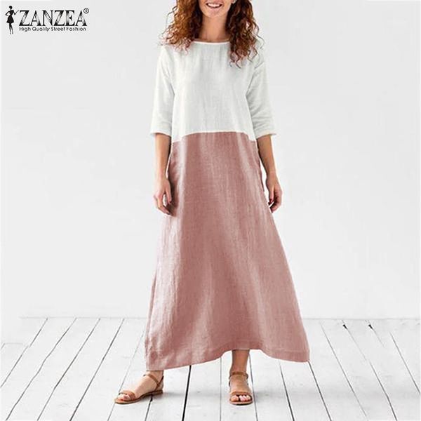 

zanzea women autumn femme casual loose o-neck sundress patchwork long maxi vestidos half sleeve dress pockets robe plus size 5xl1, White;black
