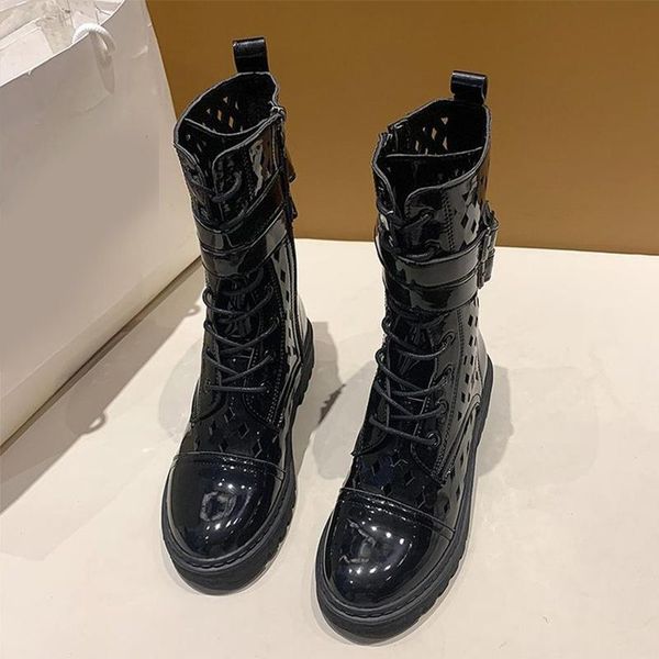 

boots women cut out pu leather ankle lace up buckle strap shoes autumn ladies fashion casual shoe 2021 female platform, Black