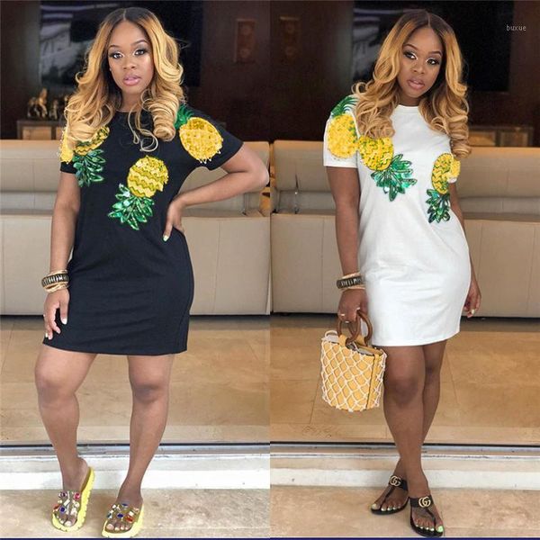 

casual dresses summer pineapple fruit sequins slim stripped mini short sleeve pencil dress vestidos glitter party women s36381, Black;gray