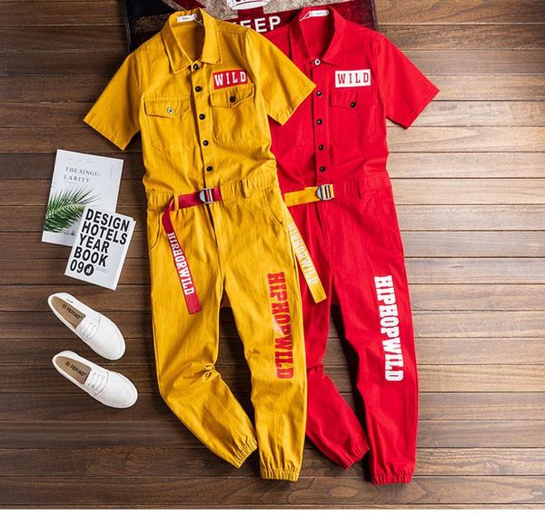 

men's letter printed short-sleeved jumpsuit multi-pocket hip-hop overalls jogging pants yellow red loose overalls men, Blue