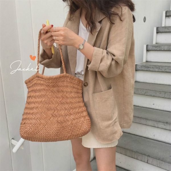 Mulheres verão algodão linho entalhado colarinho casaco vintage casaco único botão casual chaqueta mujer bolso vestes femme 201210