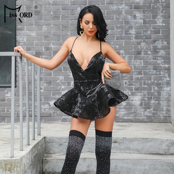 

missord 2021 women summer new v neck off shoulder cross backless playsuits sequin bodysuit ft19016, Black;white