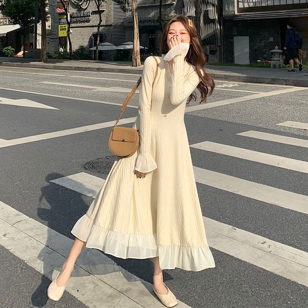 

women's bottoming knitted dress french style slimming long dress single breasted ruffle stitching flared sleeve dress for winter y0118, Black;gray
