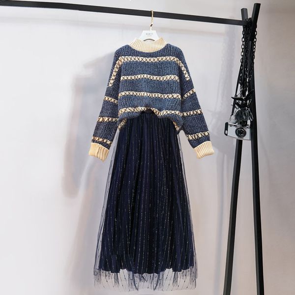 

2021 new autumn winter two striped jumper + mesh midi knitting and tender skirt y463 cdjq, Gray
