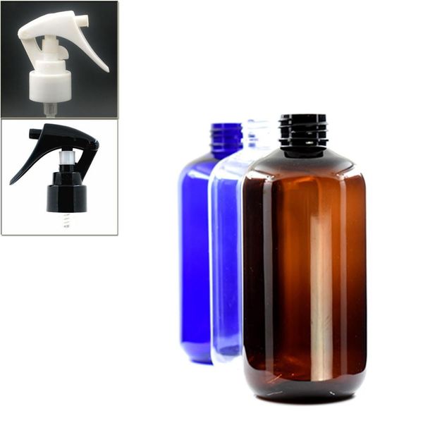 

250ml empty boston round plastic bottle , clear/amber/blue pet bottle with black/white trigger sprayers 250ml empty wmtrhm