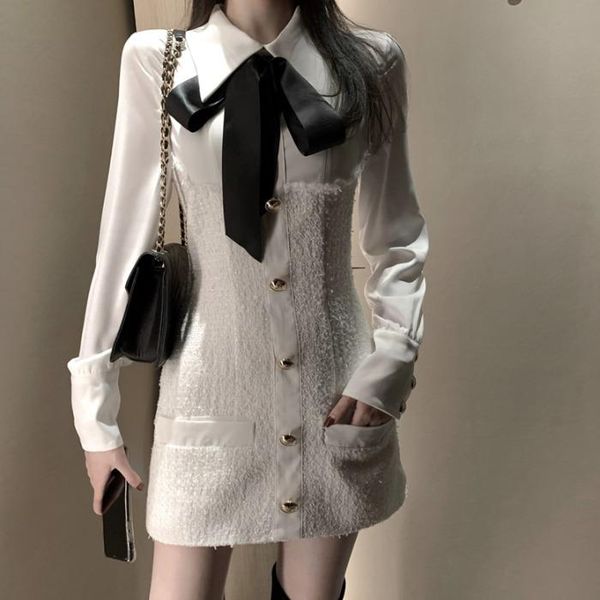 

ancient ways female french single breasted bow long-sleeved dress celebrity tweed patchwork slim waist shirt dresses, Black;gray