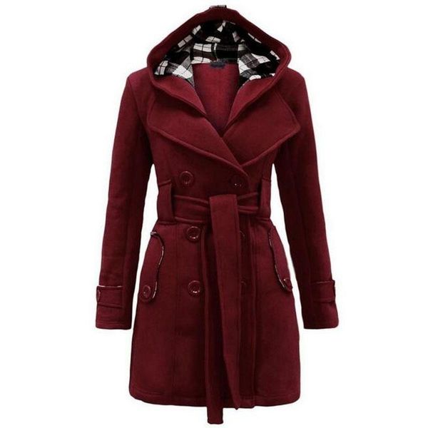 

autumn winter new wool & blends women long belts slim hooded woolen trench warm casual overcoat double breasted female jacket lj201106, Black