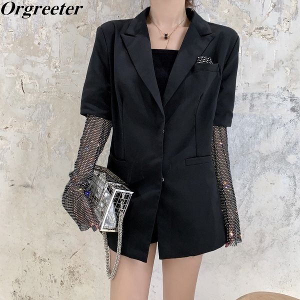 

streetwear rhinestone diamond embellished summer fake two-piece suit jacket for women long sleeve female fashion outwear 201029, Black;brown