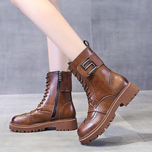 

rimocy британского стиль pu мотоцикл boots женщины 2020 зимней шнуровка квадратного каблук vintage mid boots non-slip платформа обувь женщин, Black