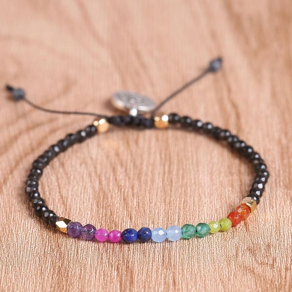 

natural oaiite 3mm 7 crystal yoga chakras seven healing balance bracelet for women reiki prayer stones, Black