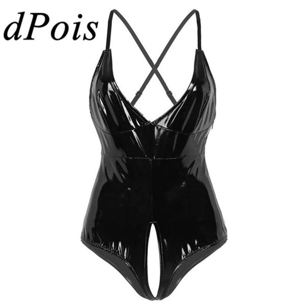 

women crotchless one piece wet look patent leather plunging v-neck spaghetti straps cross back leotard women teddy bodysuit, Black;white