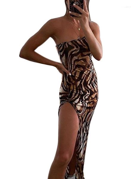 

fashion leopard print dress sleeveless strap summer one-shoulder dresses high split evening party bodycon club vestidos11, Black;gray