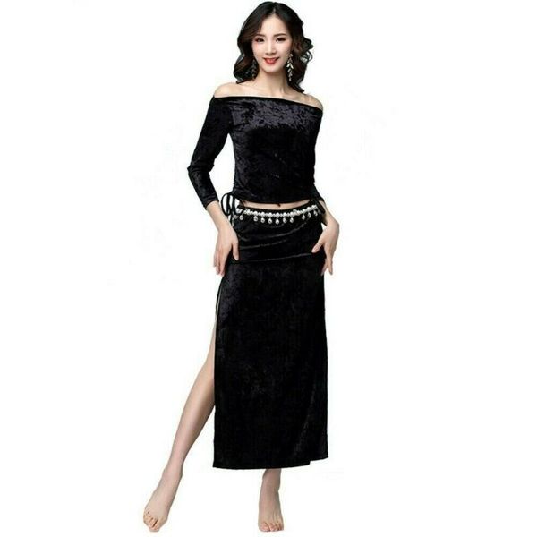 

stage wear women belly dance costumes set velvet dancewear slit skirt long sleeve multicolor 934-213, Black;red