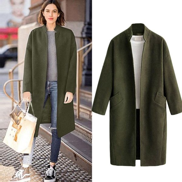 

women blend coat winter fashion warm stand collar wool cardigan jacket casual loose parka overcoat plus size long seleve outwear, Black
