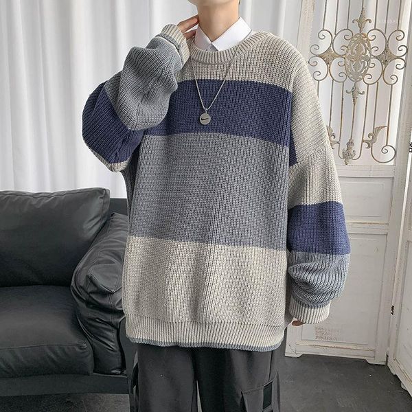 

korean striped sweater men's warm fashion retro casual knitted pullover men wild loose winter knitting sweaters mens clothes1, White;black