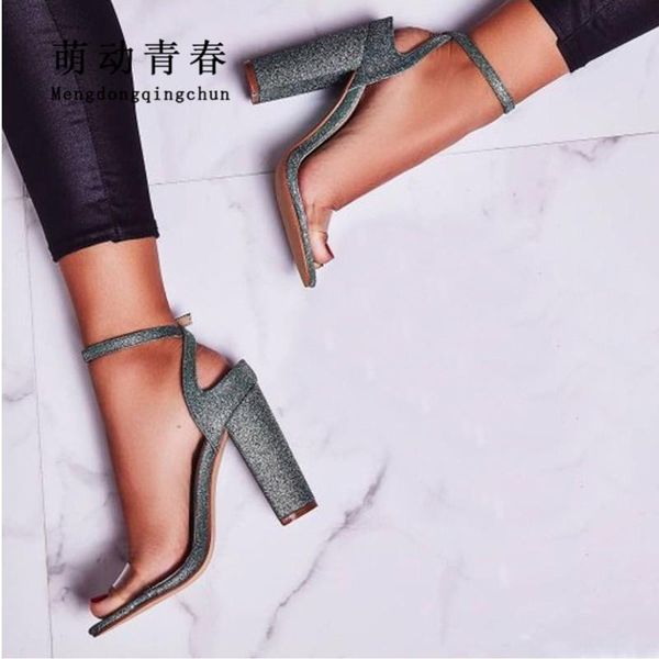 

big size 35-42 women sandals bling green chunky heels sandals clear pvc high heeled summer pumps buckle strap dress, Black