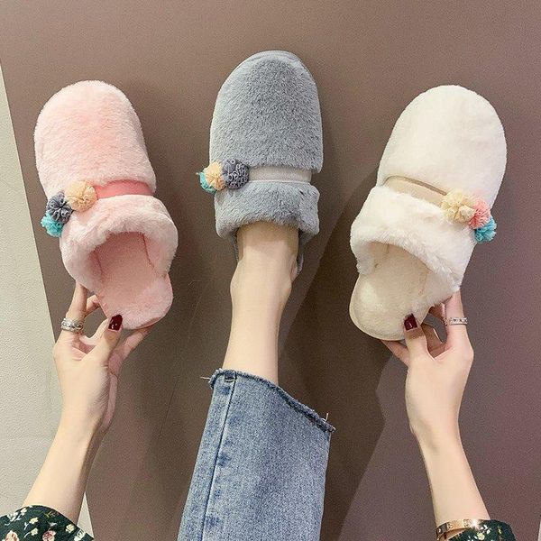 

shoes cover toe flock plush slippers for adults luxury slides low flower lady winter footwear fur designer massage flat girl, Black