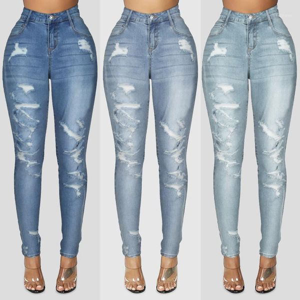 

new plus size women button pocket high waist denim pants hole jeans pencil trousers 2021 autumn winter trousers women's jeans1, Blue