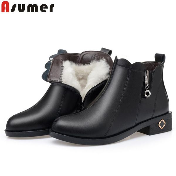 

asumer big size 35-43 ankle boots women genuine leather boots round toe zip square heels shoes keep warm sheep wool snow, Black
