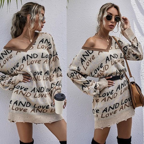 

women long sleeve knitted sweater v-neck letter pattern loose pullover tunic top, White;black