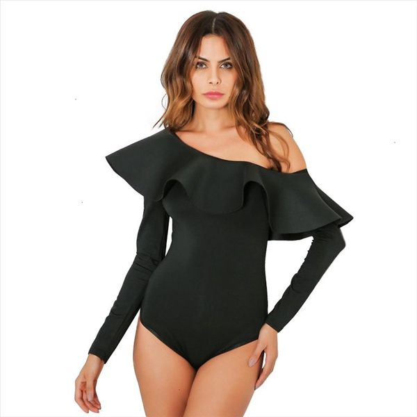 

autumn long sleeve bodysuit women ruffles shoulder bodysuits jumpsuit black bodysuit macacao feminino drop shipping, Black;white