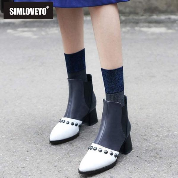 

simloveyo plus size 48 autumn boots for women rivet pointed toe slip-on high heel shoes ankle boots female botas feminina b1042, Black