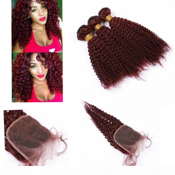 

virgin peruvian hair bundles with closure kinky curly #99j color 4x4 closure human hair with bundles, Black;brown