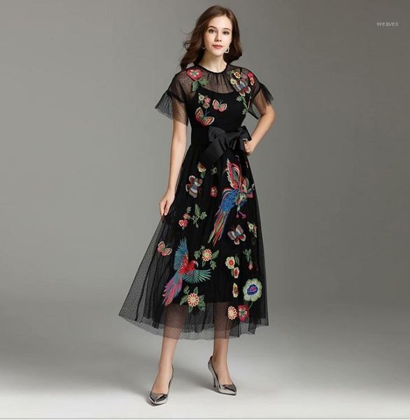 

2020dress women summer new european and american women's clothing mesh embroidery lace black dress long dress n1031, Black;gray