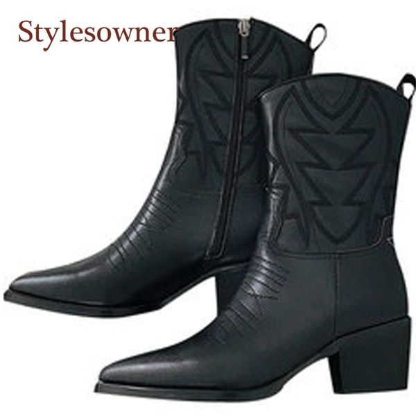 

boots retro embroider pointed toe western cowboy woman real leather high heel wedges slip-on winter fashion design shoes, Black