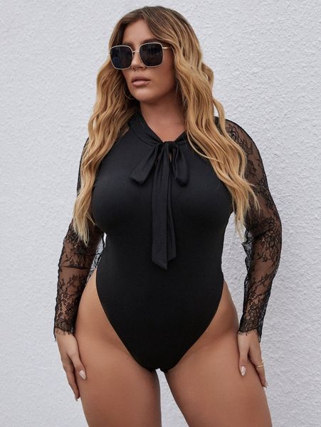 

plus tie neck lace sleeve bodysuit s8eh#, Black