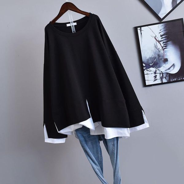 

women's t-shirt 2021 autumn&winter korean women simple black oversize fake two-piece long-sleeved loose slim top, White