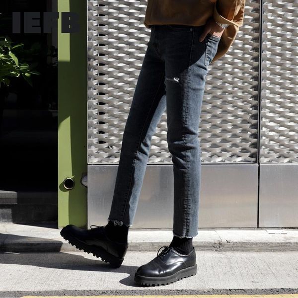 

iefb men's spring new slim fit small leg jeans straight casual denim ankle-length pants for male 2021 korean fashion trousers1, Blue