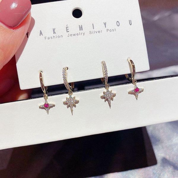 

migga 2 pairs micro paved cubic zirconia star dangle earrings set gold color women statement jewelry, Silver