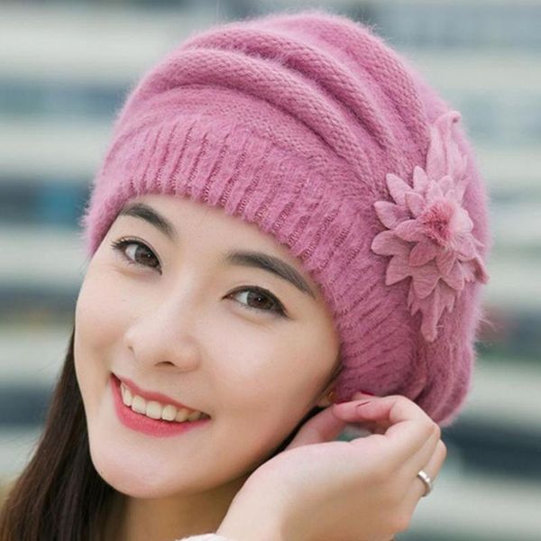 

flower beret hat fur crochet warm women ski cap winter new wool beanie, Blue;gray