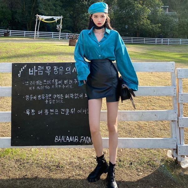 

women 2021 autumn winter new fashion two piece set female long sleeve blouse shirt and pu leather skirt 2 piece suit b463, Gray