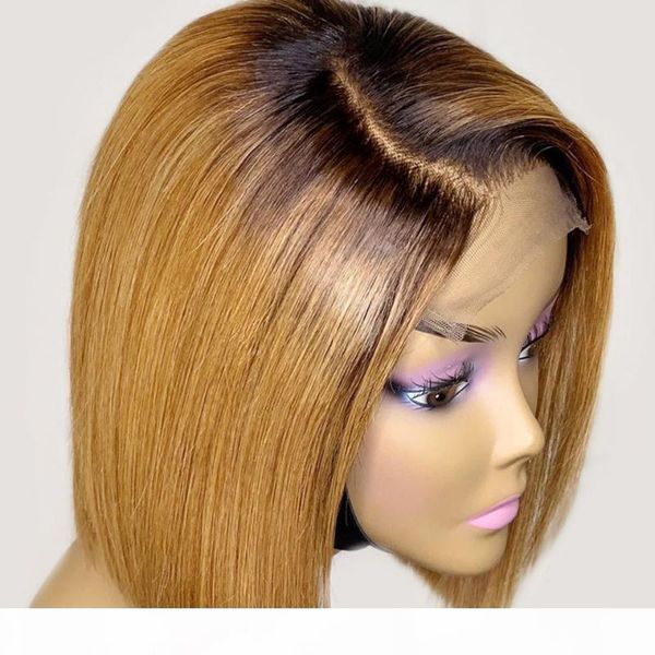 

t1b 27 short bob 13x4 lace front human hair wigs for women honey blonde 130% ombre color remy burgundy t1b 99j middle ratio jko, Black;brown