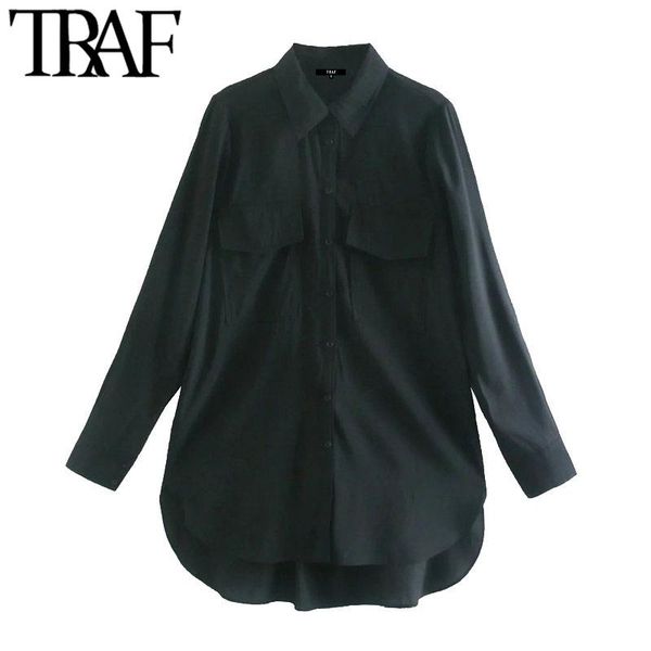 

women's blouses & shirts traf women fashion with pockets loose vintage long sleeve button-up female blusas chic, White