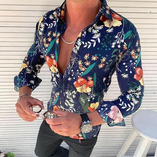 

men shirt floral print breathable summer long sleeve slim fit buttons casual shirt blouse beach hawaii camicia da uomo caldo, White;black