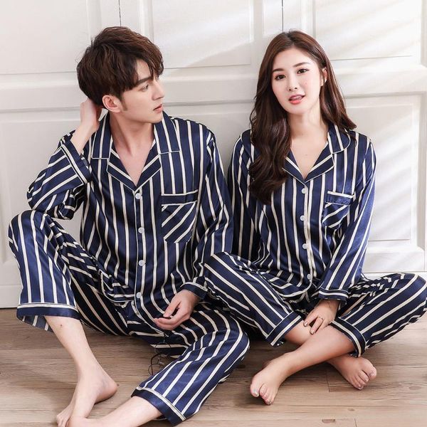 

men's striped pajamas woman casual spring summer stripe printing lover long-sleeved comfortable home pyjamas set 2 pcs nightgown1, Black;brown