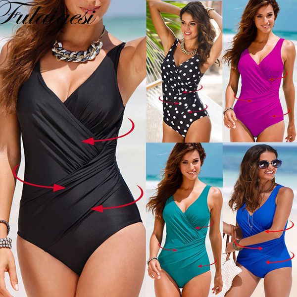 

solid big size one piece swimsuit plus size women 2020 deep v neck black green blue bikini 5xl swimwear padded bathing suit