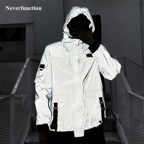 

new men night reflective gray hooded windbreaker jacket male streetwear multi-pocket ribbon loose casual jackets coats 201114, Black;brown
