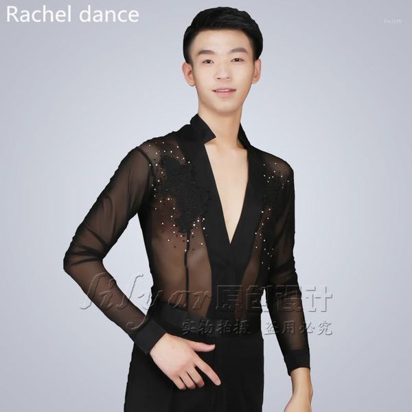 

2017 new trendy stage performance sequins shirt long sleeve ballroom dance costumes men shirt latin modern dance clothing1, Black;red