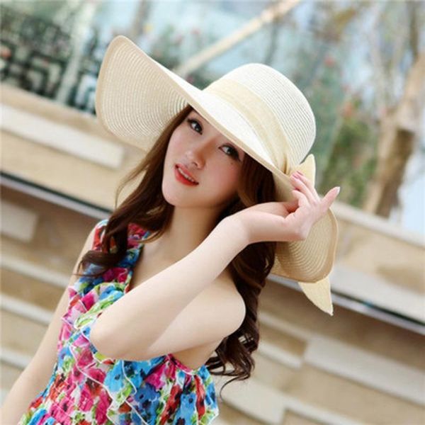 

wide brim hats summer large straw hat floppy sun cap bowknot beach foldable, Blue;gray