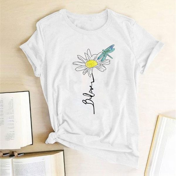 

flower dragonfly blove printing t-shirts women summer aesthetic clothes streetwear graphic tee woman crew neck harajuku top, White