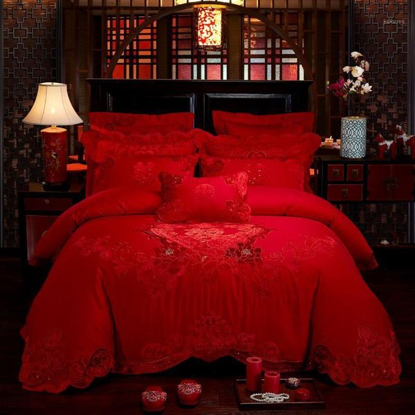 

new 100% cotton gold embroidery luxury wedding 4/6/9pcs bedding set king  size bed set duvet cover bedsheet pillowcases1
