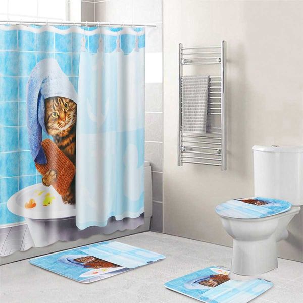 Gato bonito banho banheiro banheiro chuveiro cortina de chuveiro pedestal tampa tampa de banho esteira conjunto impermeável w / 12 ganchos decoração de banho t200711