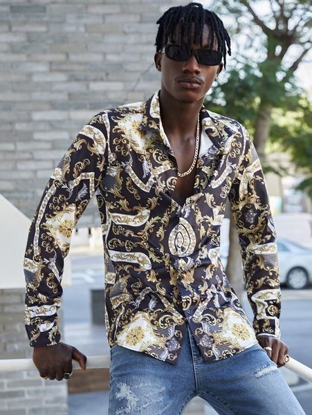 

men single breasted baroque print shirt h1sl#, White;black