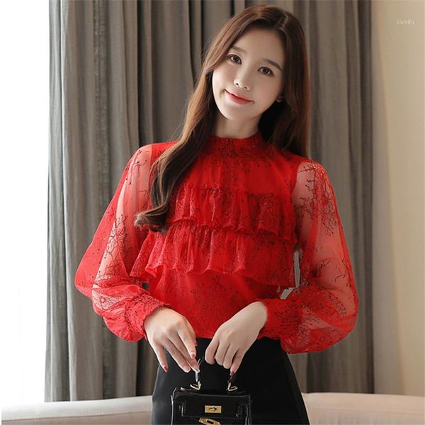 

korea female blouses shirts spring loose ruffles office blouse shirts lace chiffon bottoming women blusas shirt1, White