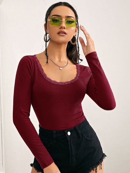 

lace trim scoop neck tee l6rl#, White