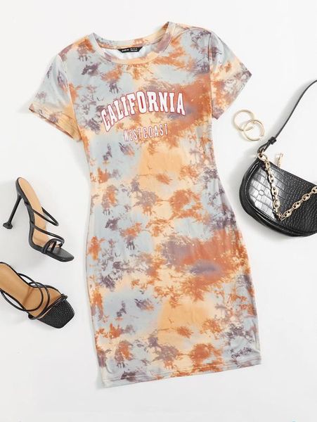 

letter graphic tie dye bodycon dress she, Black;gray